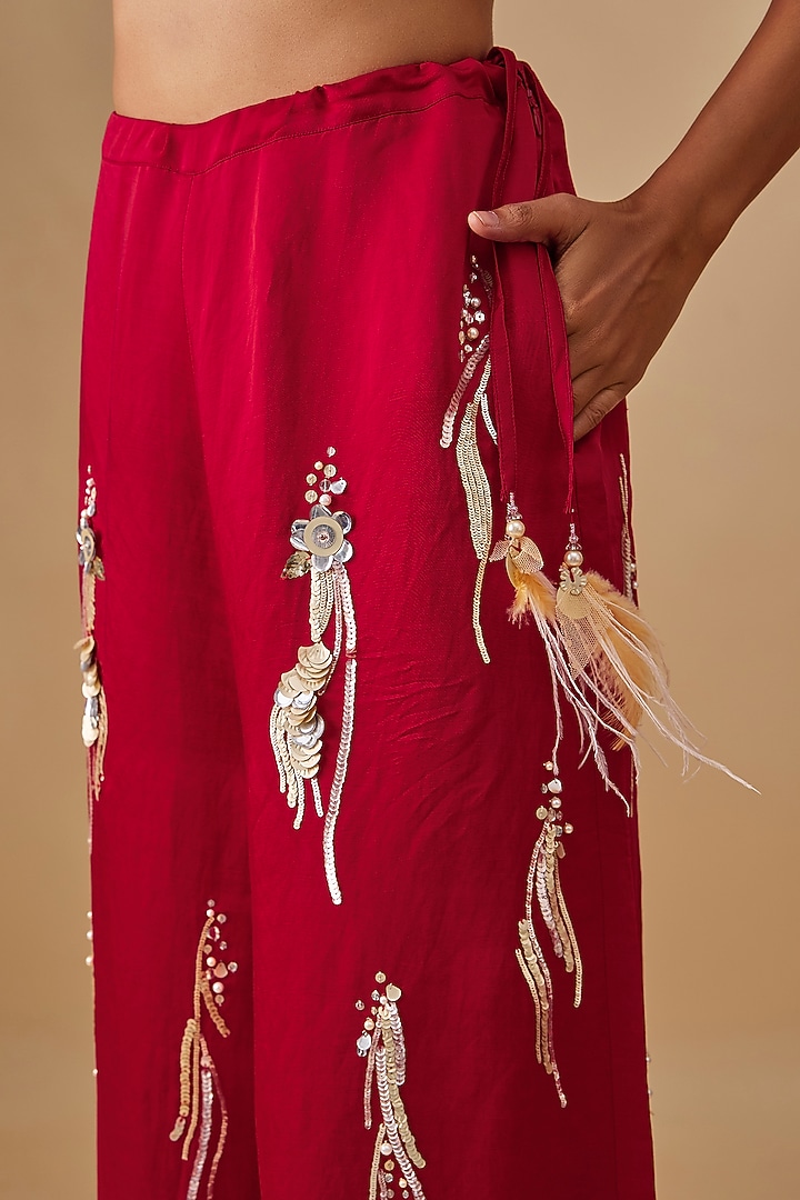 Red Blended Linen Trousers by Dilnaz Karbhary at Pernia's Pop Up Shop