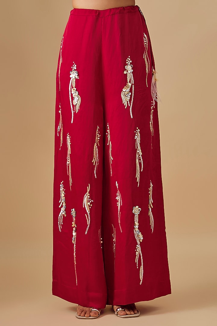Red Blended Linen Trousers by Dilnaz Karbhary at Pernia's Pop Up Shop