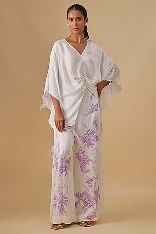 Ivory Blended Linen Trousers by Dilnaz Karbhary