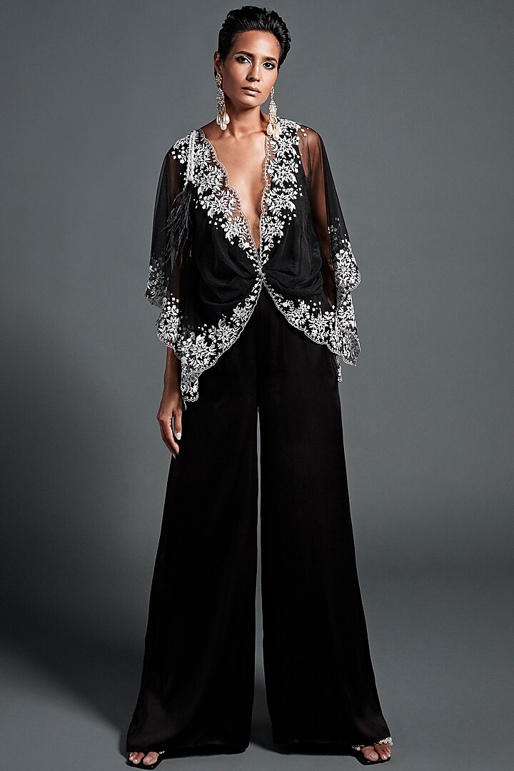 Black Embroidered Jumpsuit by Dilnaz Karbhary