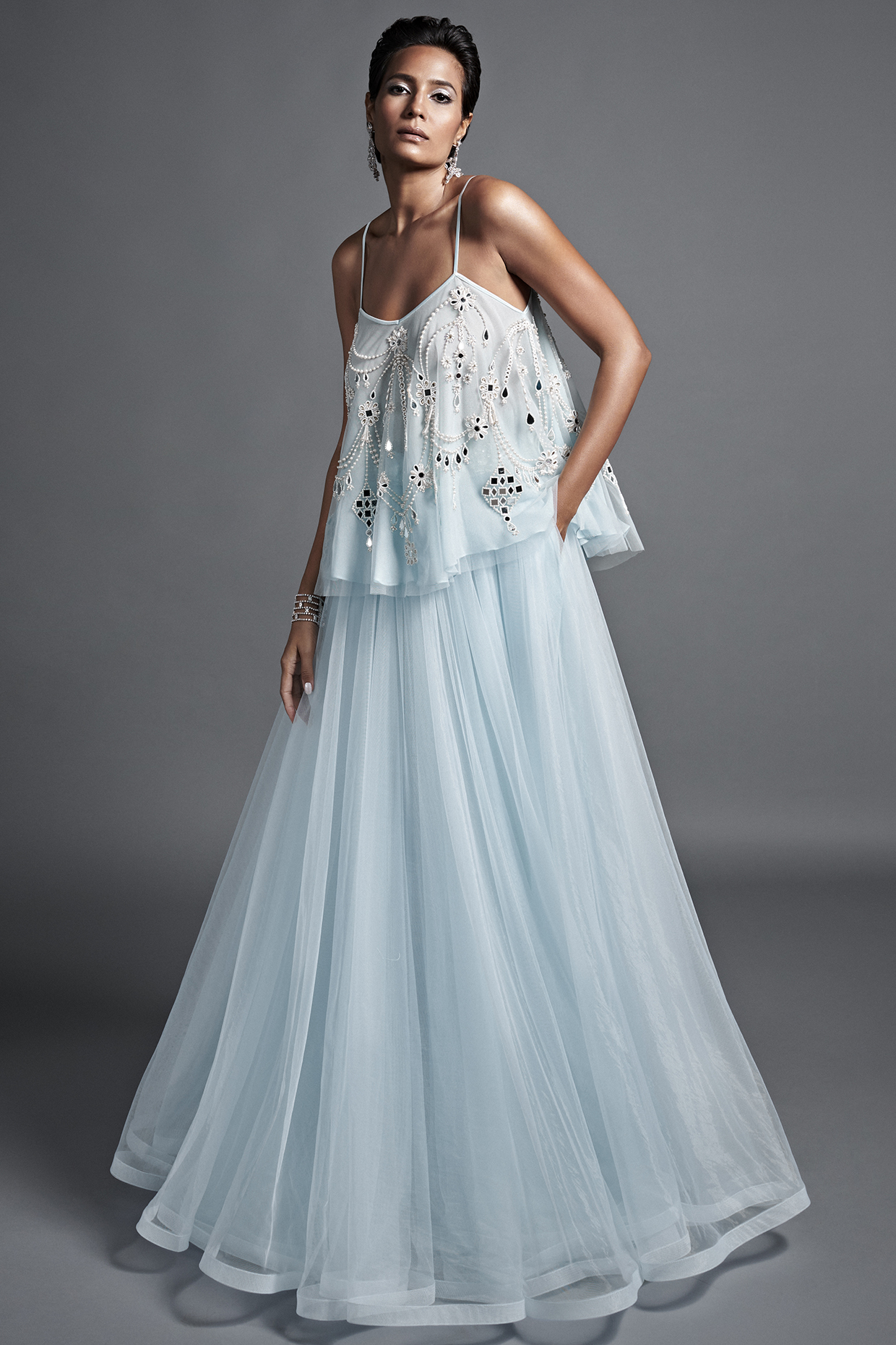 Powder Blue Embellished Camisole by Dilnaz Karbhary