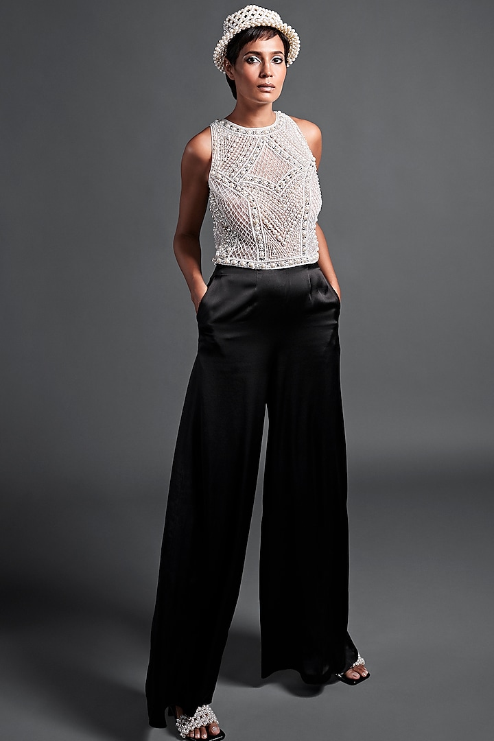 Ivory & Black Embroidered Jumpsuit by Dilnaz Karbhary