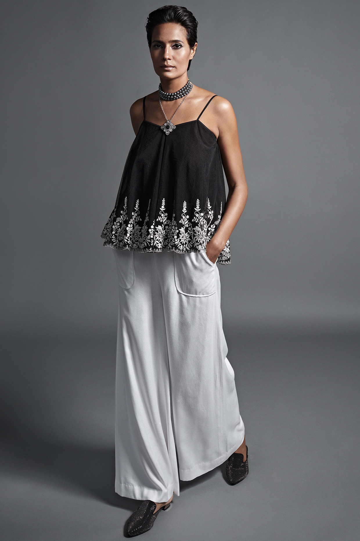 Black Embroidered Camisole by Dilnaz Karbhary