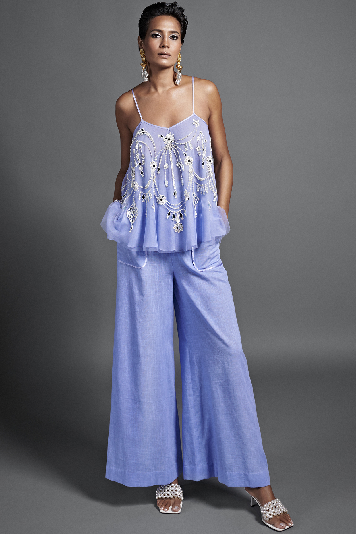 Periwinkle Net Embellished Camisole by Dilnaz Karbhary