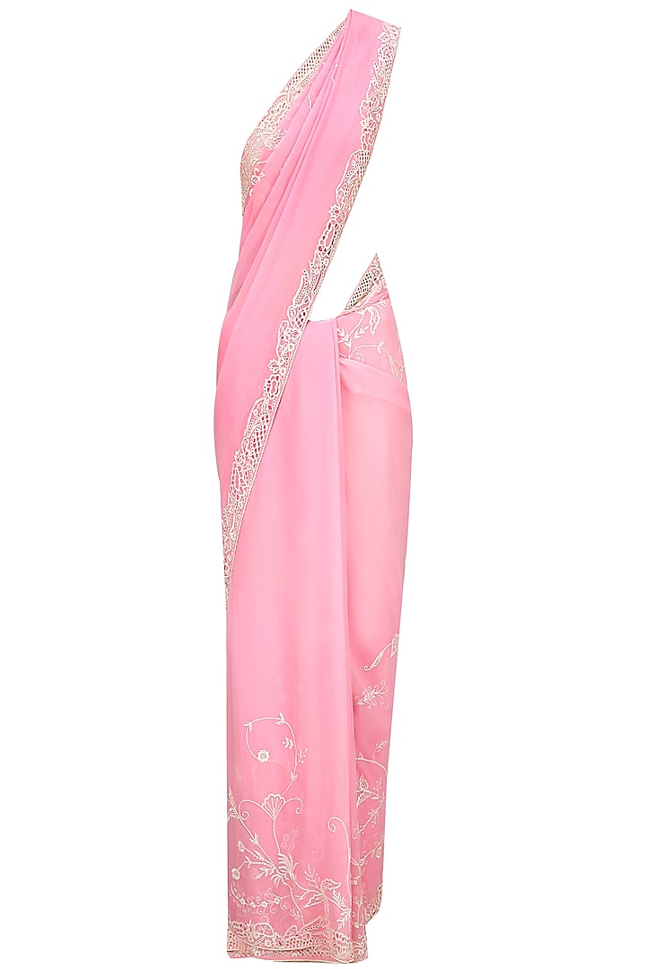 Pink cutwork embroidered sari with lace blouse by Dilnaz Karbhary