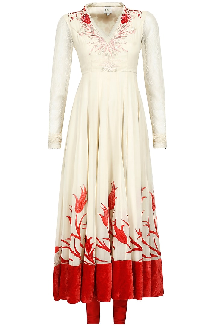 Biscuit Beige and Red Thread Embroidered Kurta Set by Dilnaz Karbhary