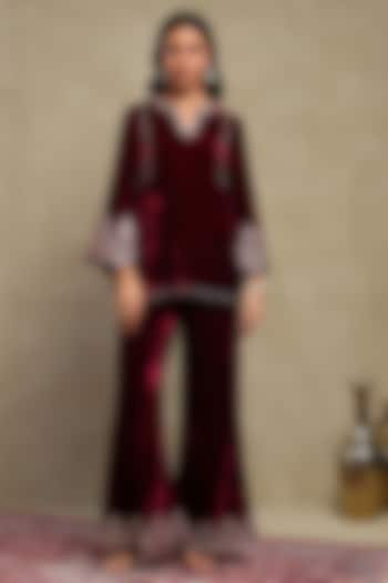 Plum Silk velvet Embroidered Co-ord Set by DOHR INDIA at Pernia's Pop Up Shop