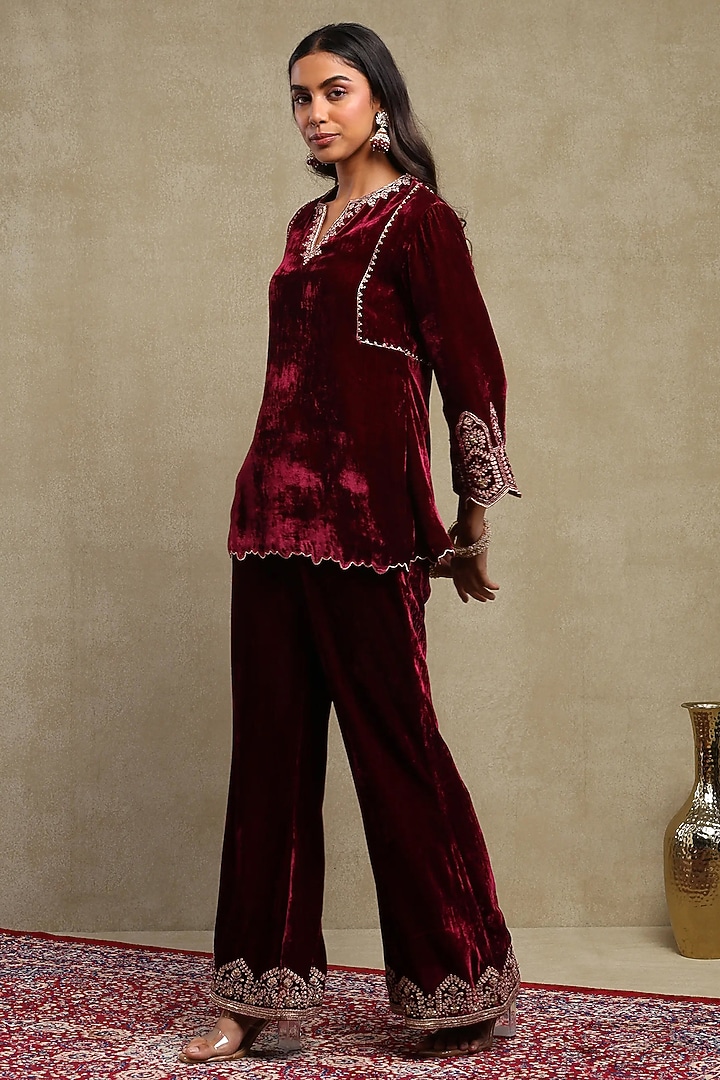 Plum Silk velvet Embroidered Co-ord Set by DOHR INDIA at Pernia's Pop Up Shop