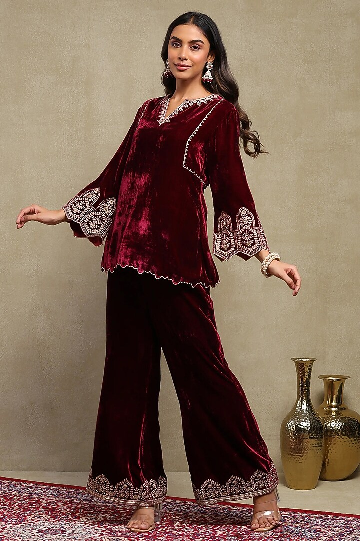 Plum Silk velvet Embroidered Co-ord Set by DOHR INDIA at Pernia's Pop Up Shop