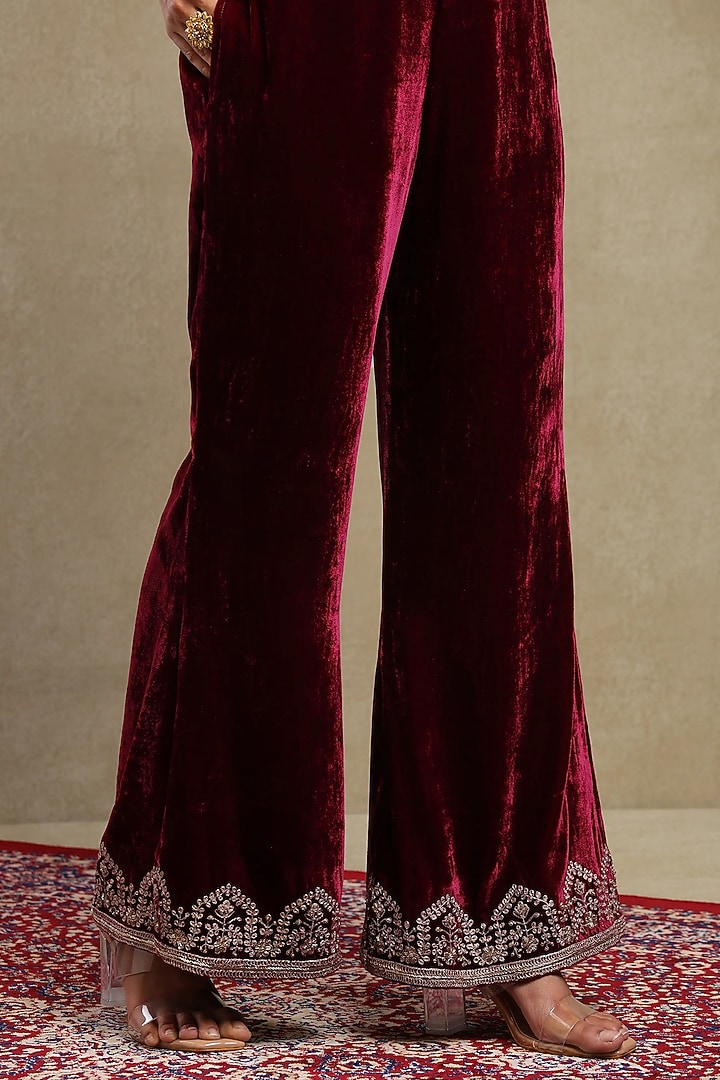 Plum Silk velvet Embroidered Co-ord Set by DOHR INDIA at Pernia's Pop Up Shop
