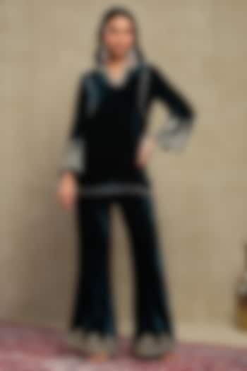 Midnight Blue Silk velvet Embroidered Co-ord Set by DOHR INDIA at Pernia's Pop Up Shop