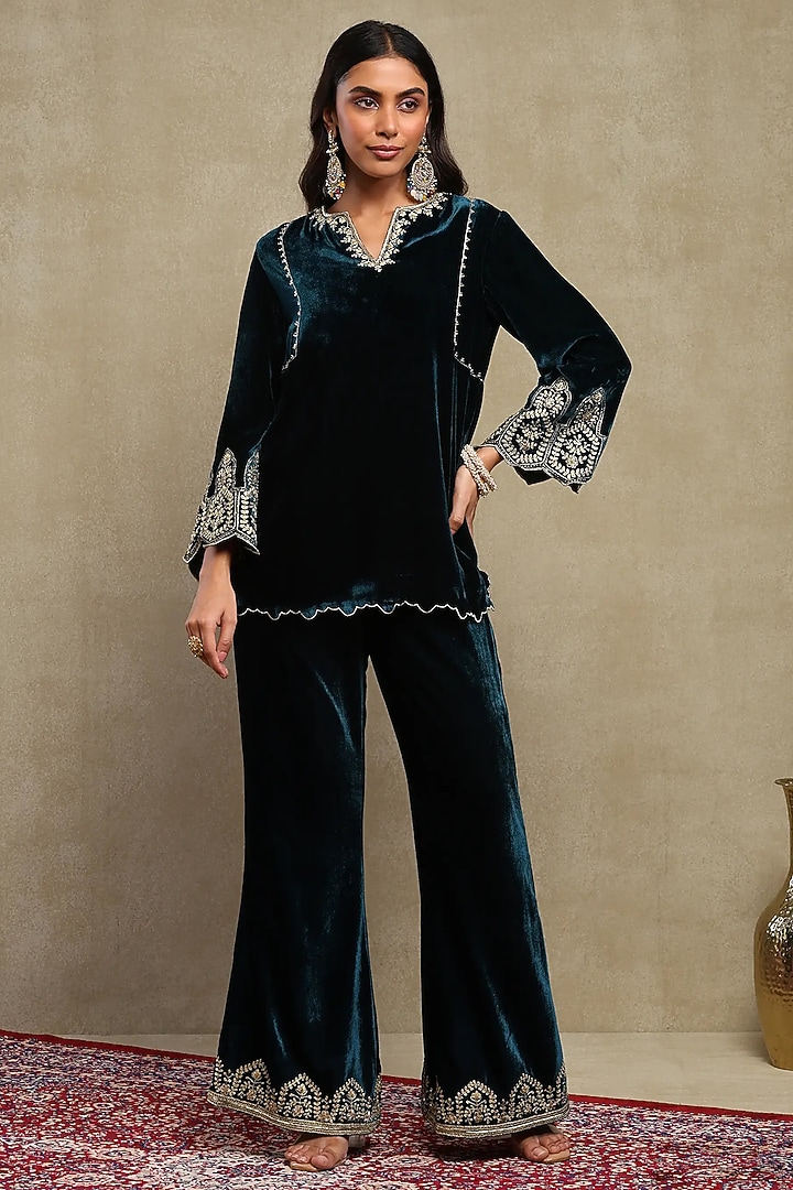 Midnight Blue Silk velvet Embroidered Co-ord Set by DOHR INDIA at Pernia's Pop Up Shop