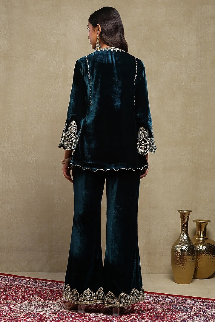 Midnight Blue Silk velvet Embroidered Co-ord Set by DOHR INDIA at Pernia's Pop Up Shop