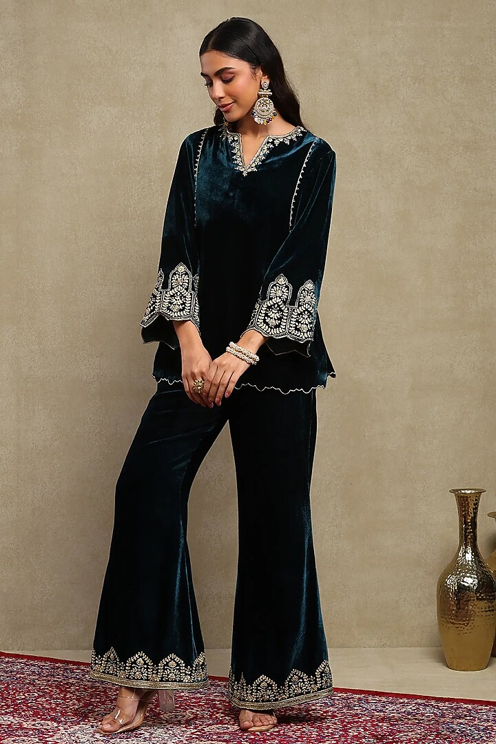 Midnight Blue Silk velvet Embroidered Co-ord Set by DOHR INDIA at Pernia's Pop Up Shop