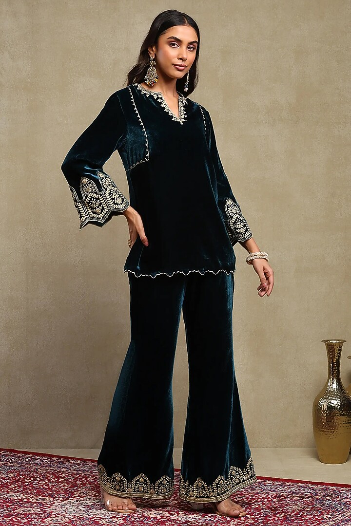 Midnight Blue Silk velvet Embroidered Co-ord Set by DOHR INDIA at Pernia's Pop Up Shop