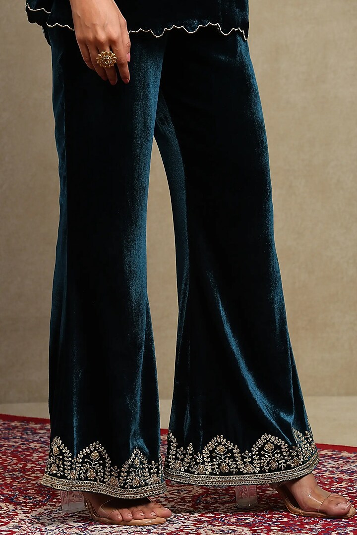 Midnight Blue Silk velvet Embroidered Co-ord Set by DOHR INDIA at Pernia's Pop Up Shop