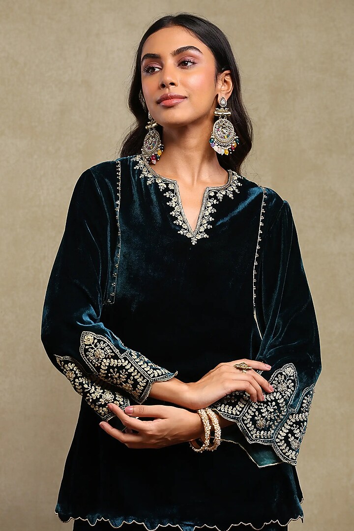Midnight Blue Silk velvet Embroidered Co-ord Set by DOHR INDIA at Pernia's Pop Up Shop