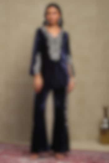 Navy Blue Silk velvet Embroidered Co-ord Set by DOHR INDIA at Pernia's Pop Up Shop