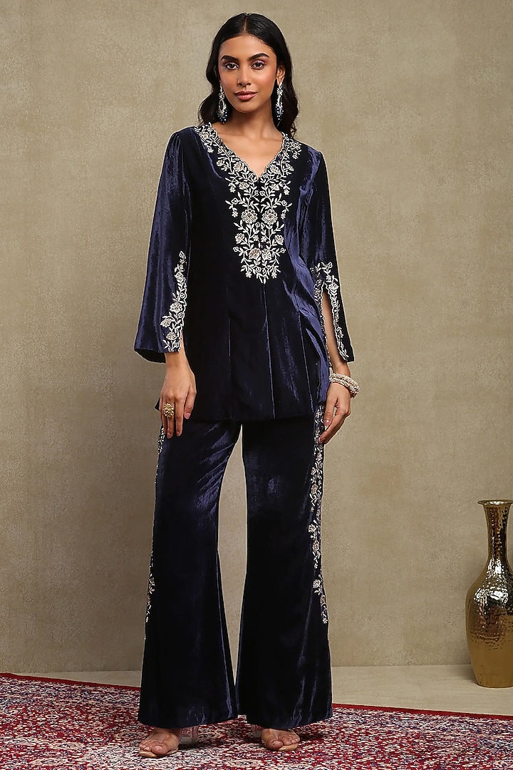 Navy Blue Silk velvet Embroidered Co-ord Set by DOHR INDIA at Pernia's Pop Up Shop
