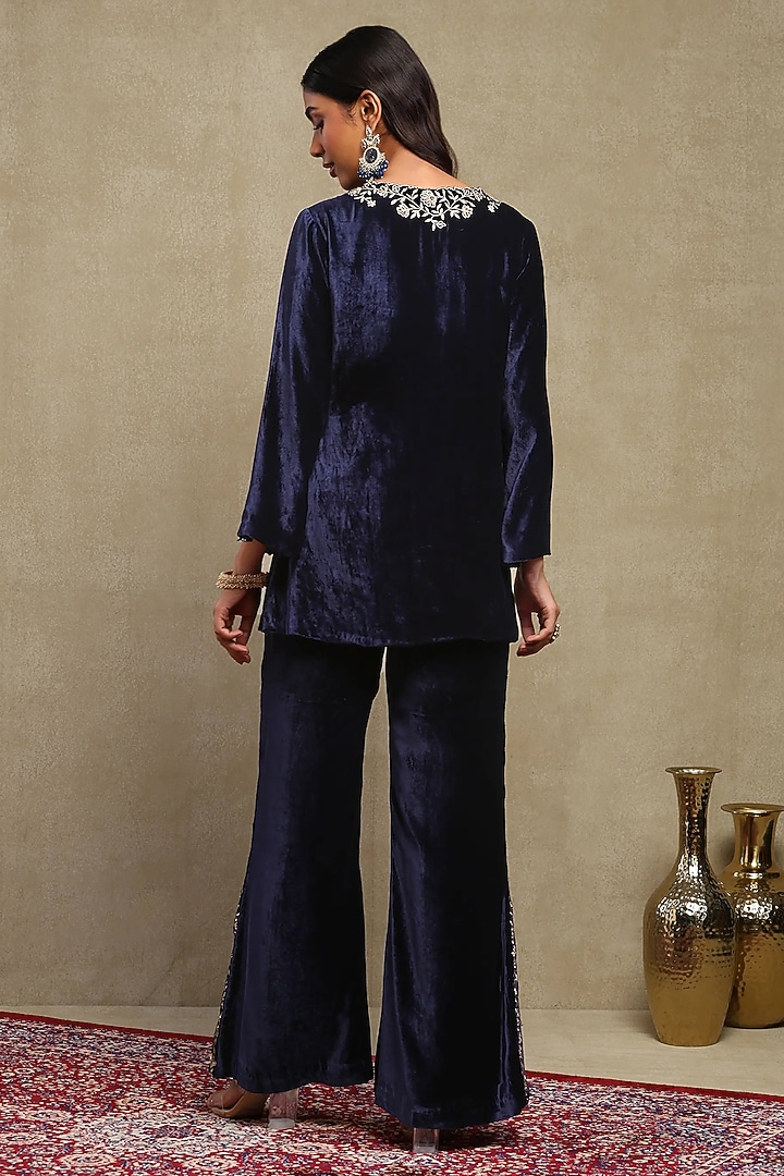 Navy Blue Silk velvet Embroidered Co-ord Set by DOHR INDIA at Pernia's Pop Up Shop