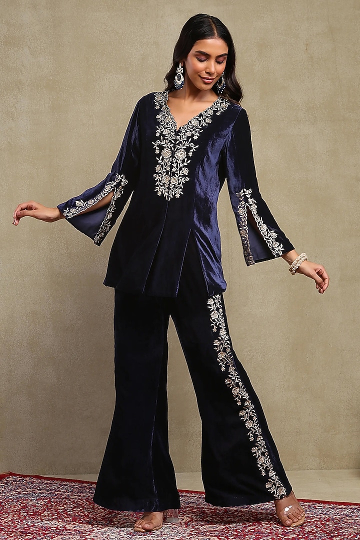 Navy Blue Silk velvet Embroidered Co-ord Set by DOHR INDIA at Pernia's Pop Up Shop