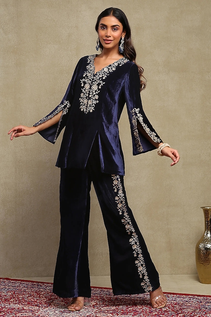 Navy Blue Silk velvet Embroidered Co-ord Set by DOHR INDIA at Pernia's Pop Up Shop
