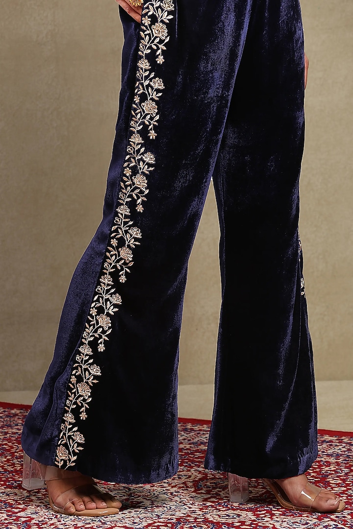 Navy Blue Silk velvet Embroidered Co-ord Set by DOHR INDIA at Pernia's Pop Up Shop