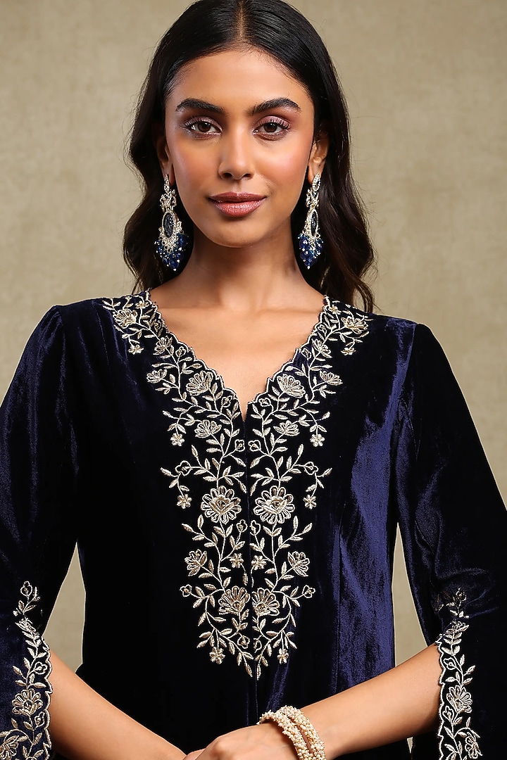 Navy Blue Silk velvet Embroidered Co-ord Set by DOHR INDIA at Pernia's Pop Up Shop