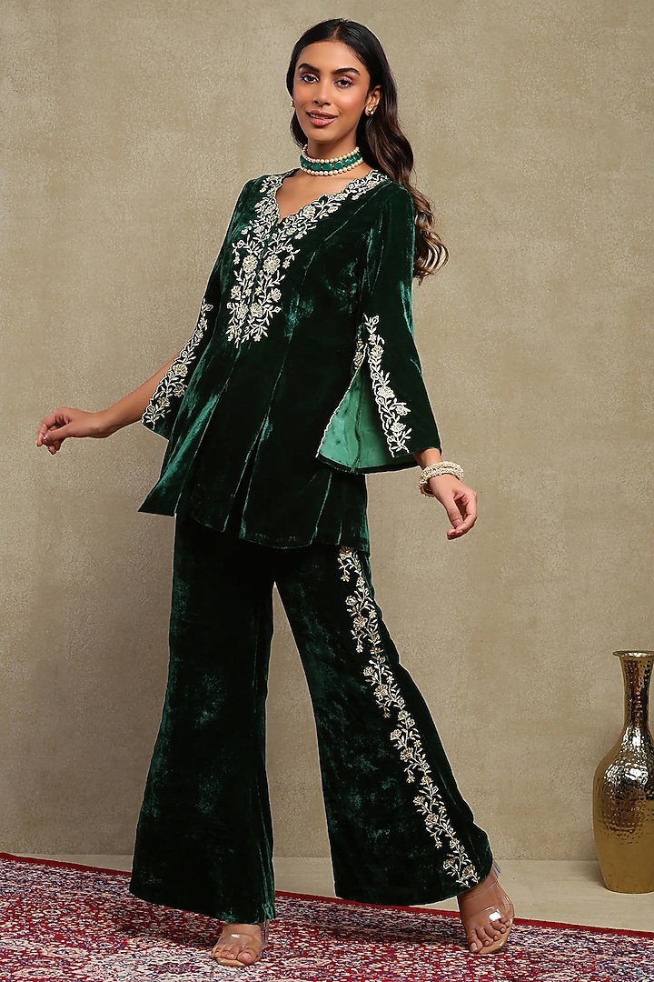 Forest Green Silk velvet Embroidered Co-ord Set by DOHR INDIA at Pernia's Pop Up Shop
