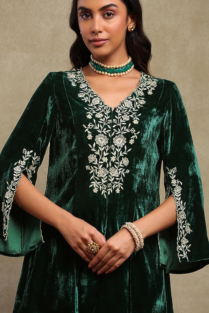 Forest Green Silk velvet Embroidered Co-ord Set by DOHR INDIA at Pernia's Pop Up Shop