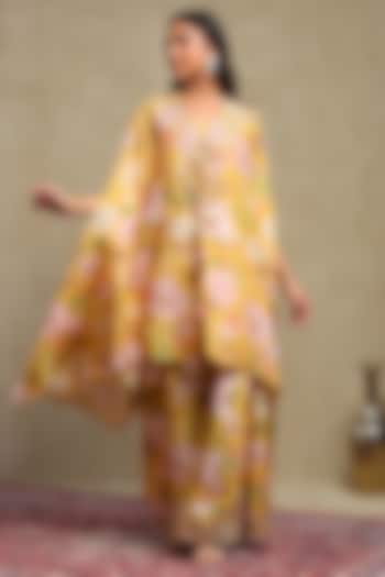 Mustard Luxe Chanderi Printed & Embroidered Cape Set by DOHR INDIA at Pernia's Pop Up Shop