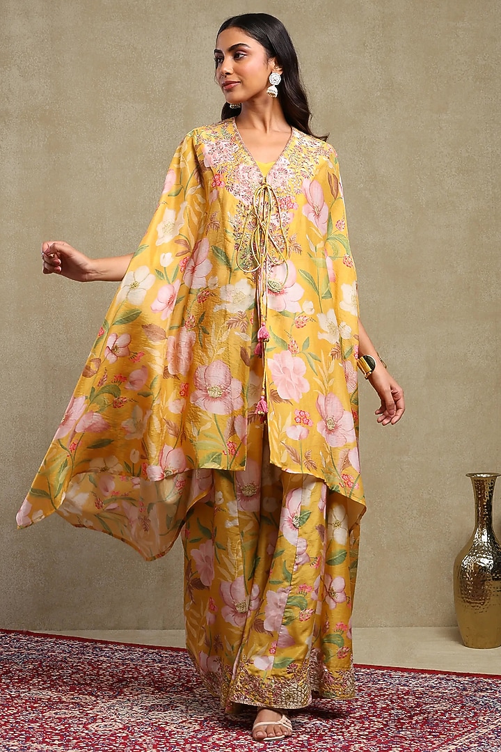 Mustard Luxe Chanderi Printed & Embroidered Cape Set by DOHR INDIA at Pernia's Pop Up Shop