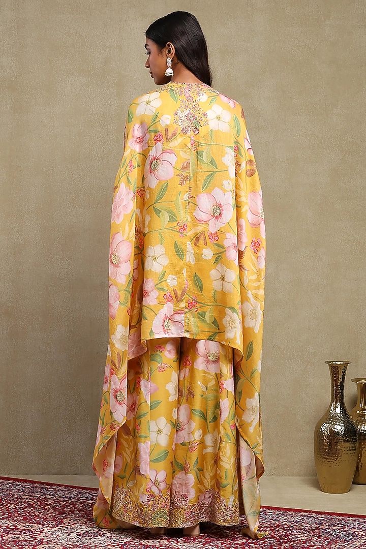 Mustard Luxe Chanderi Printed & Embroidered Cape Set by DOHR INDIA at Pernia's Pop Up Shop