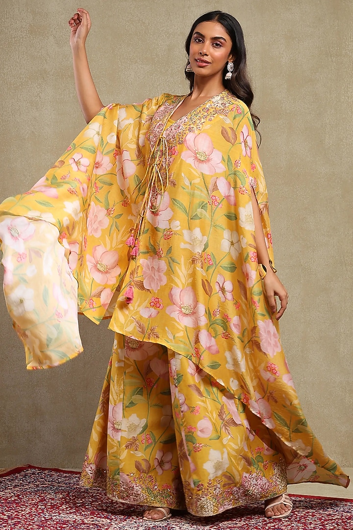 Mustard Luxe Chanderi Printed & Embroidered Cape Set by DOHR INDIA at Pernia's Pop Up Shop