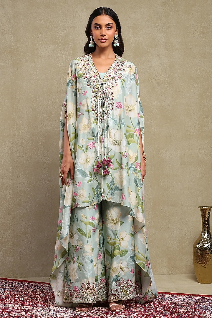 Light Turquoise Luce Chanderi Printed & Embroidered Cape Set by DOHR INDIA at Pernia's Pop Up Shop