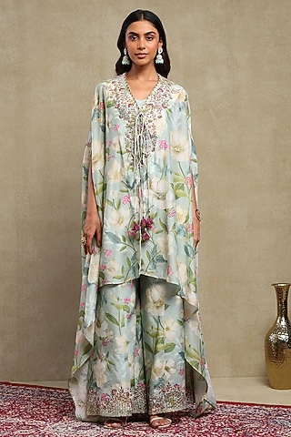 Light Turquoise Luce Chanderi Printed & Embroidered Cape Set by DOHR INDIA