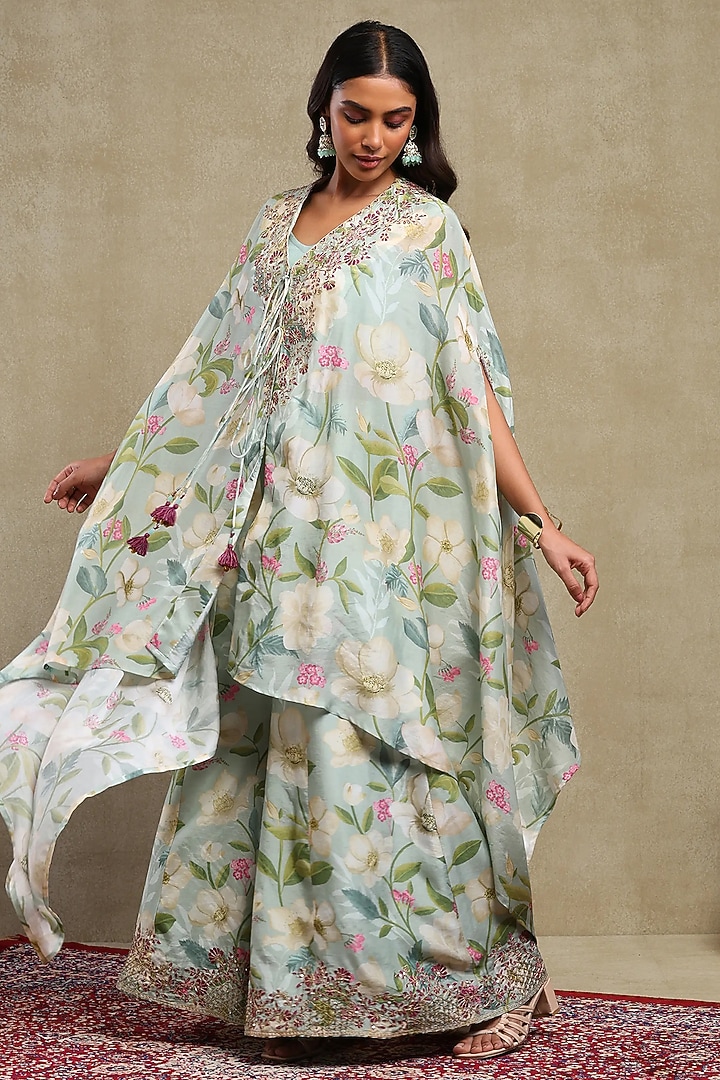 Light Turquoise Luce Chanderi Printed & Embroidered Cape Set by DOHR INDIA at Pernia's Pop Up Shop