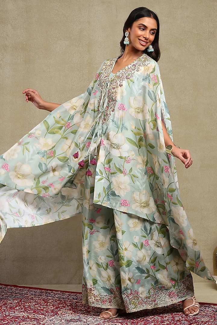 Light Turquoise Luce Chanderi Printed & Embroidered Cape Set by DOHR INDIA at Pernia's Pop Up Shop