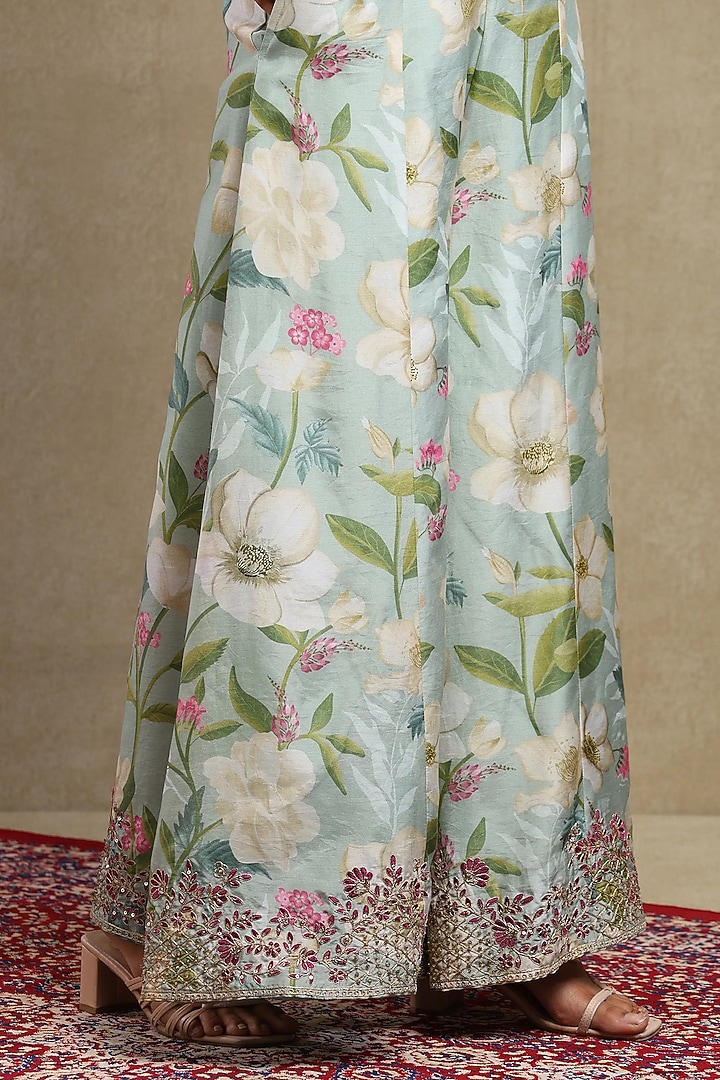 Light Turquoise Luce Chanderi Printed & Embroidered Cape Set by DOHR INDIA at Pernia's Pop Up Shop