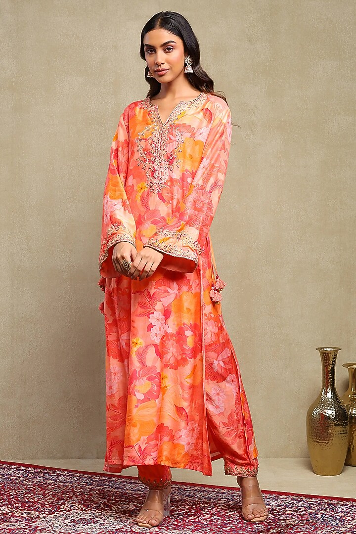 Red & Orange Silk Modal Printed Kaftan Set by DOHR INDIA at Pernia's Pop Up Shop