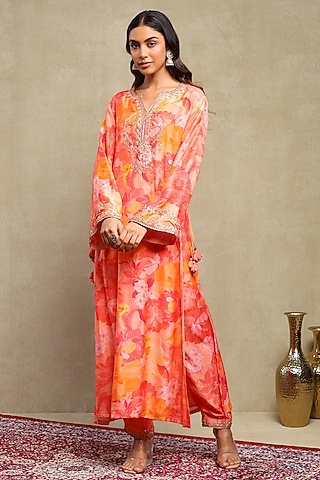 Red & Orange Silk Modal Printed Kaftan Set by DOHR INDIA
