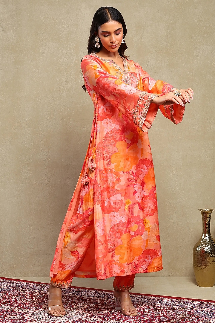 Red & Orange Silk Modal Printed Kaftan Set by DOHR INDIA at Pernia's Pop Up Shop