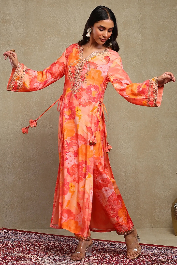 Red & Orange Silk Modal Printed Kaftan Set by DOHR INDIA at Pernia's Pop Up Shop