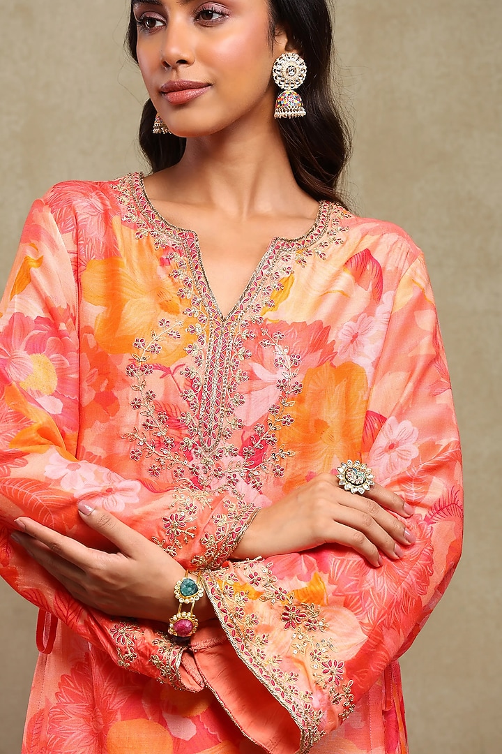 Red & Orange Silk Modal Printed Kaftan Set by DOHR INDIA at Pernia's Pop Up Shop