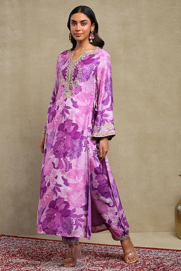 Lilac Silk Modal Printed Kaftan Set by DOHR INDIA at Pernia's Pop Up Shop