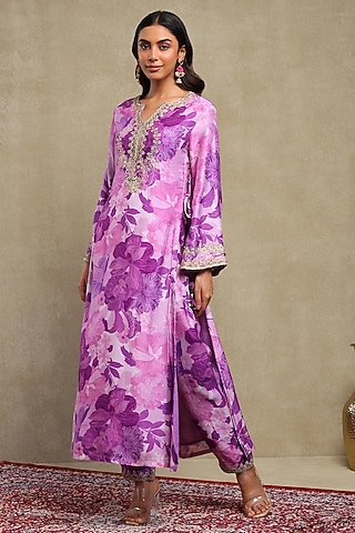 Lilac Silk Modal Printed Kaftan Set by DOHR INDIA