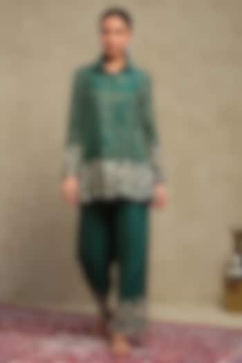 Emerald Green Tissue Chanderi Embroidered Co-Ord Set by DOHR INDIA at Pernia's Pop Up Shop