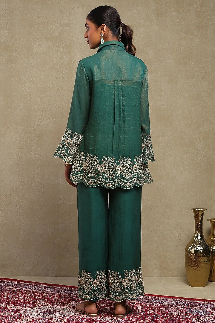 Emerald Green Tissue Chanderi Embroidered Co-Ord Set by DOHR INDIA at Pernia's Pop Up Shop