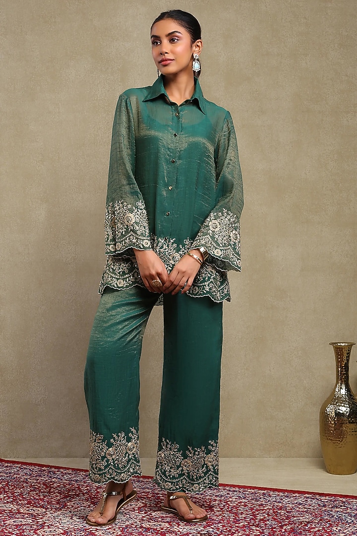 Emerald Green Tissue Chanderi Embroidered Co-Ord Set by DOHR INDIA at Pernia's Pop Up Shop