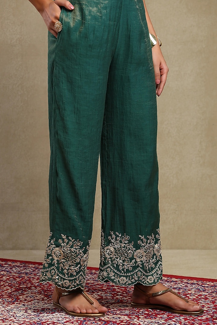 Emerald Green Tissue Chanderi Embroidered Co-Ord Set by DOHR INDIA at Pernia's Pop Up Shop